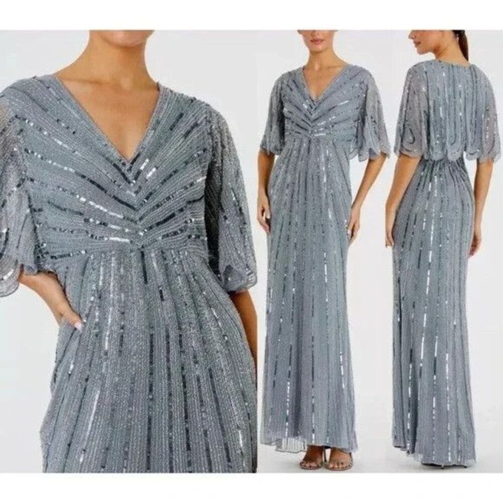 NWT Mac Duggal 93583 Wide Cape Sleeve Sequin Gown SZ 6 Slate Blue $698